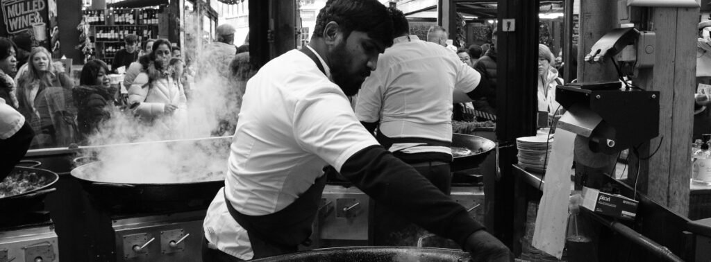Borough market stall selling fresh paella